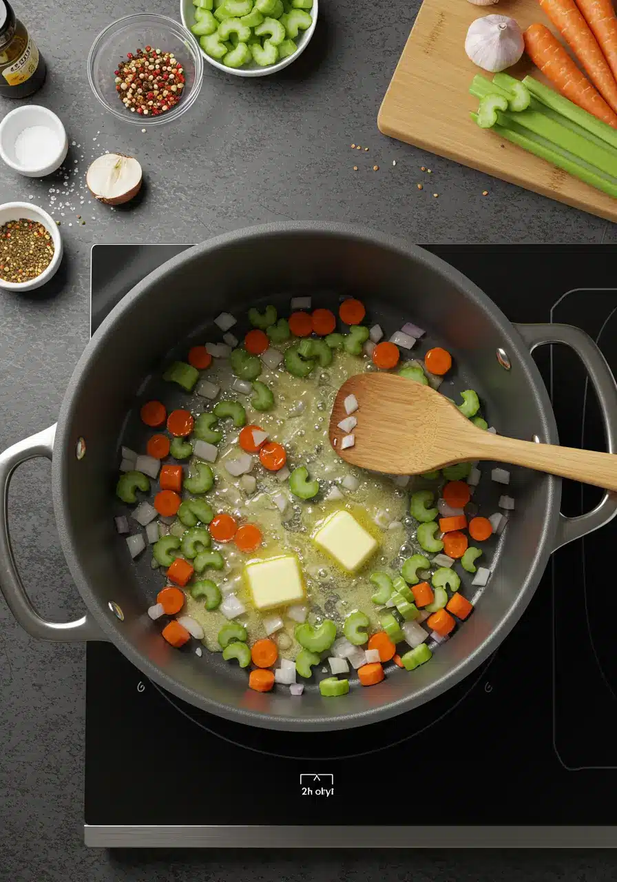 Sautéing onions, carrots, and celery in a large pot with butter in a bright kitchen.