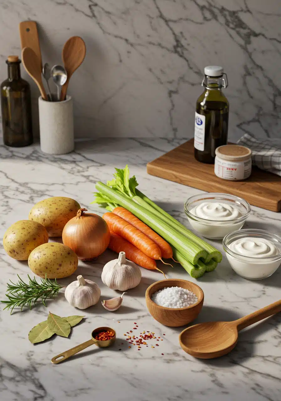 Ingredients for creamy potato soup on a modern kitchen counter with fresh vegetables and herbs, arranged on a white marble surface.