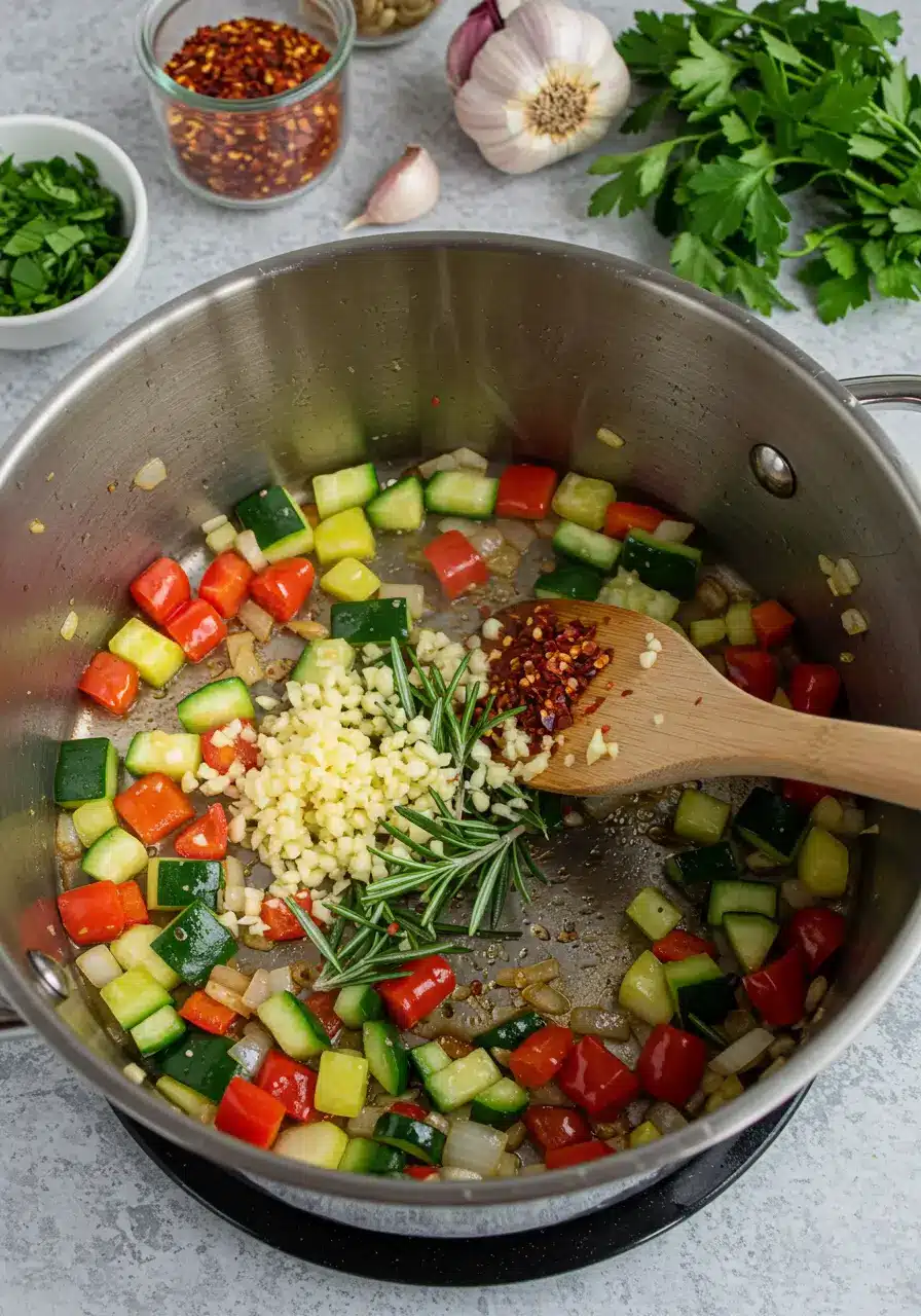 Adding minced garlic, rosemary, and red pepper flakes to sautéed vegetables for a hearty potato soup.