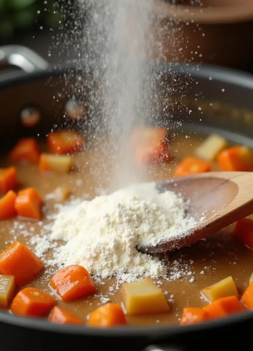 Stirring flour into sautéed vegetables to make a roux for creamy potato soup.