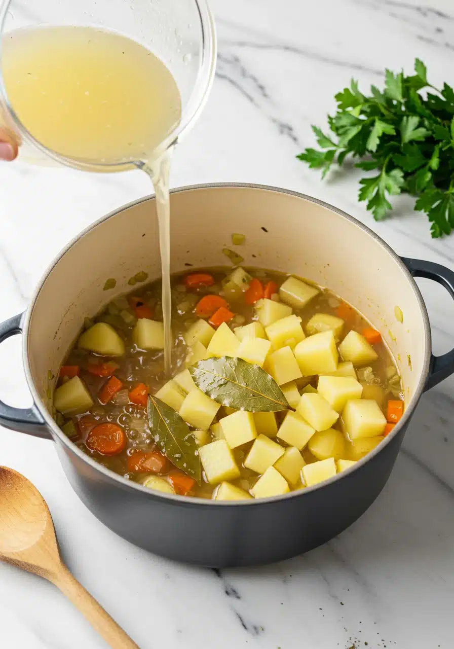 Adding chicken stock and chopped potatoes to make creamy potato soup, simmering on the stove.