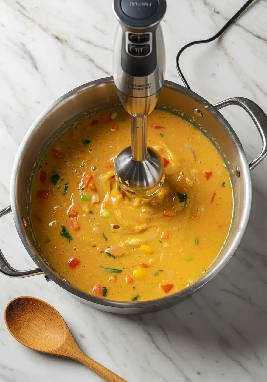 Immersion blender blending creamy potato soup with vegetables in a stainless steel pot on a marble countertop.