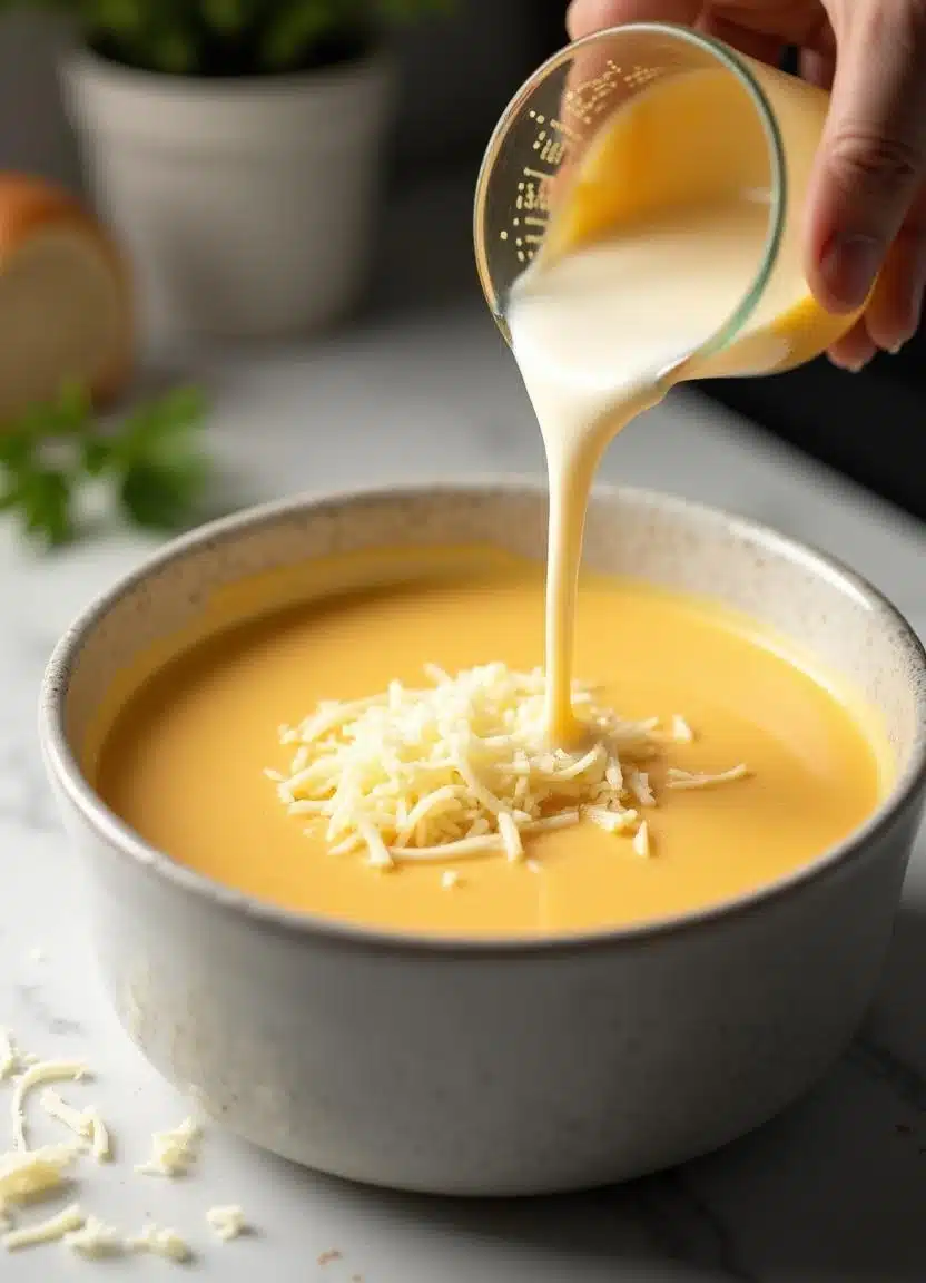 Stirring in cream and melted cheese to finish creamy potato soup.