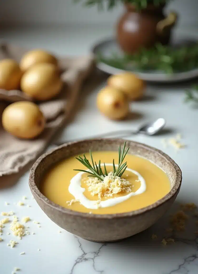 Creamy potato soup served in a rustic bowl, garnished with fresh rosemary and cheese.