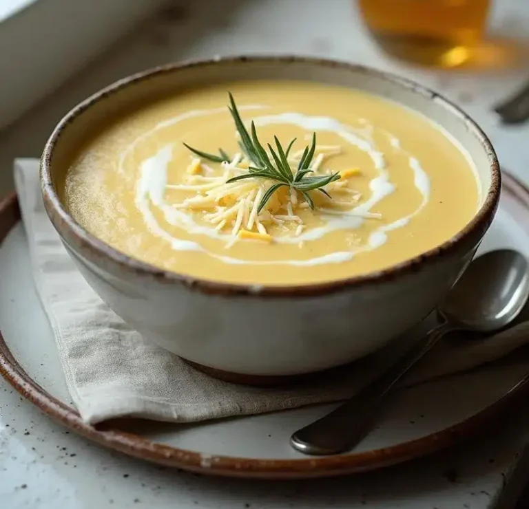 A bowl of creamy potato soup, beautifully presented with a swirl of cream