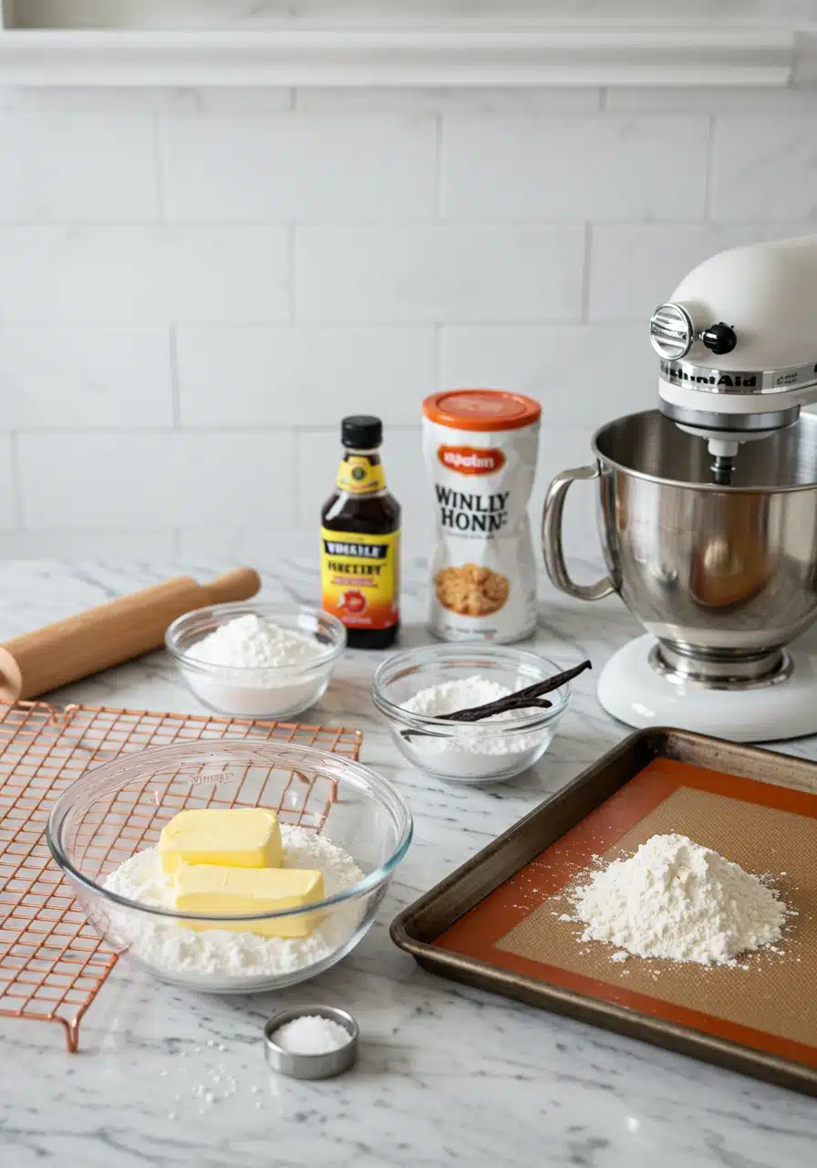 Baking essentials on a marble countertop with a stand mixer, wire rack, and ingredients in a bright kitchen.