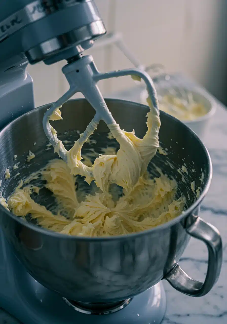 Stand mixer creaming butter and sugar on a marble countertop in a bright kitchen.