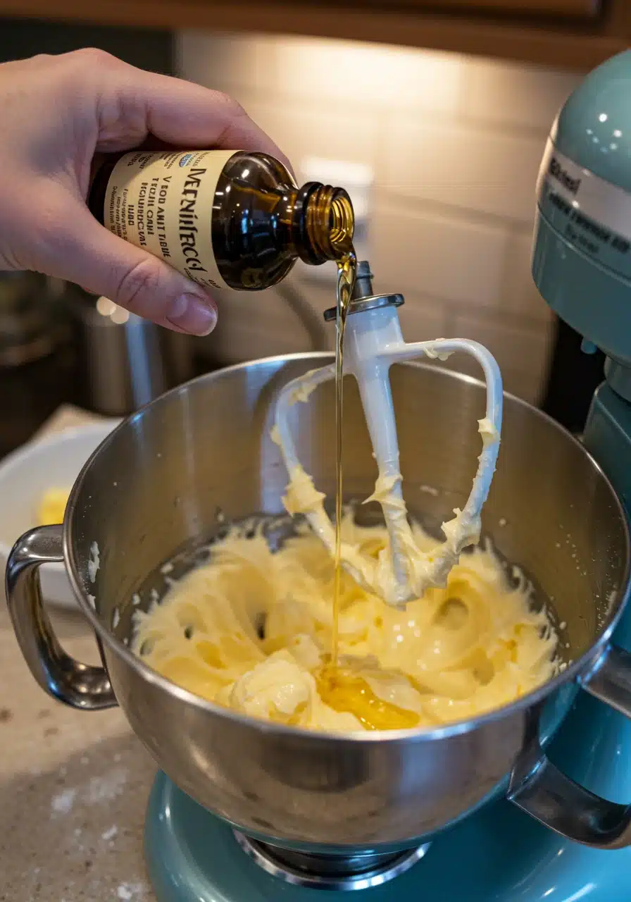 Baker adding vanilla extract into a stand mixer with creamed butter and sugar.