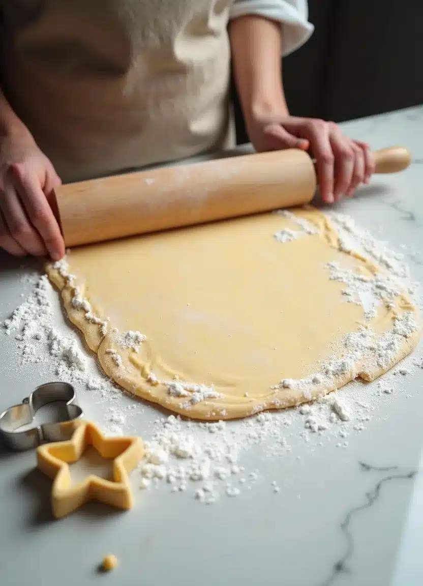 Baker rolling out shortbread dough with a wooden rolling pin on a floured surface.