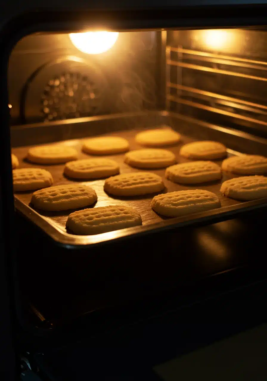 Golden shortbread cookies baking on a sheet inside a warm oven