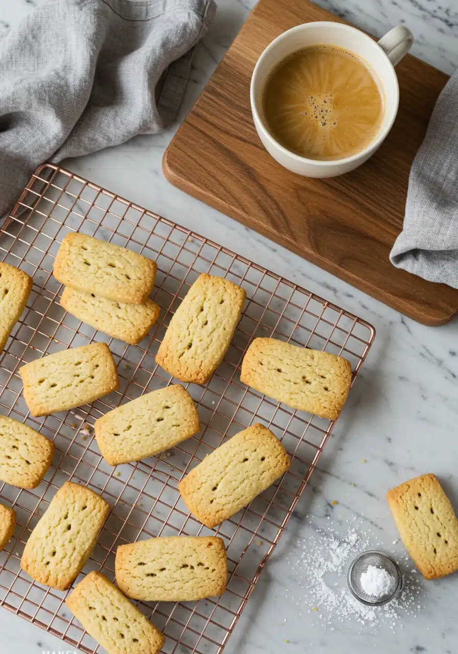 Golden shortbread cookies on a wire rack, dusted with powdered sugar, next to a cup of coffee.