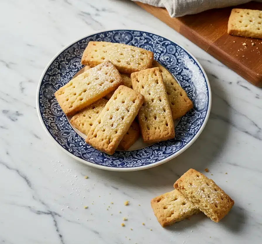 Golden shortbread cookies on a blue floral plate, lightly dusted with powdered sugar, served with a cup of coffee on a marble countertop.