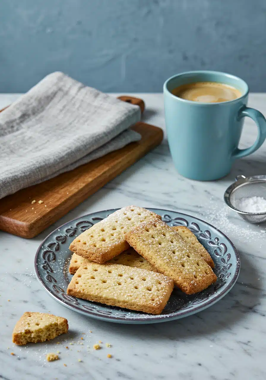 Freshly baked shortbread cookies arranged on a vintage-style plate, sprinkled with powdered sugar, accompanied by a cup of coffee and baking tools