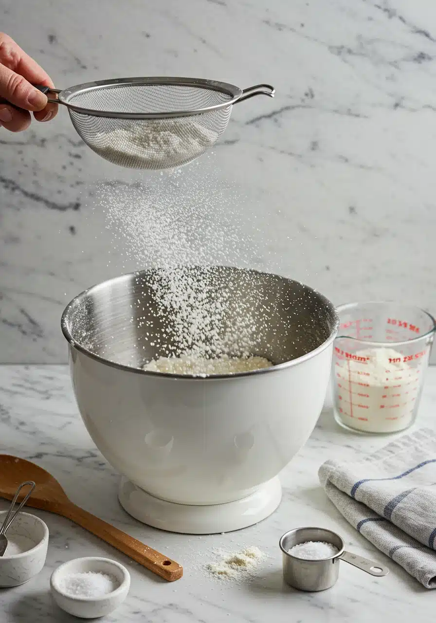 Flour and salt being sifted into a stand mixer for shortbread dough preparation.