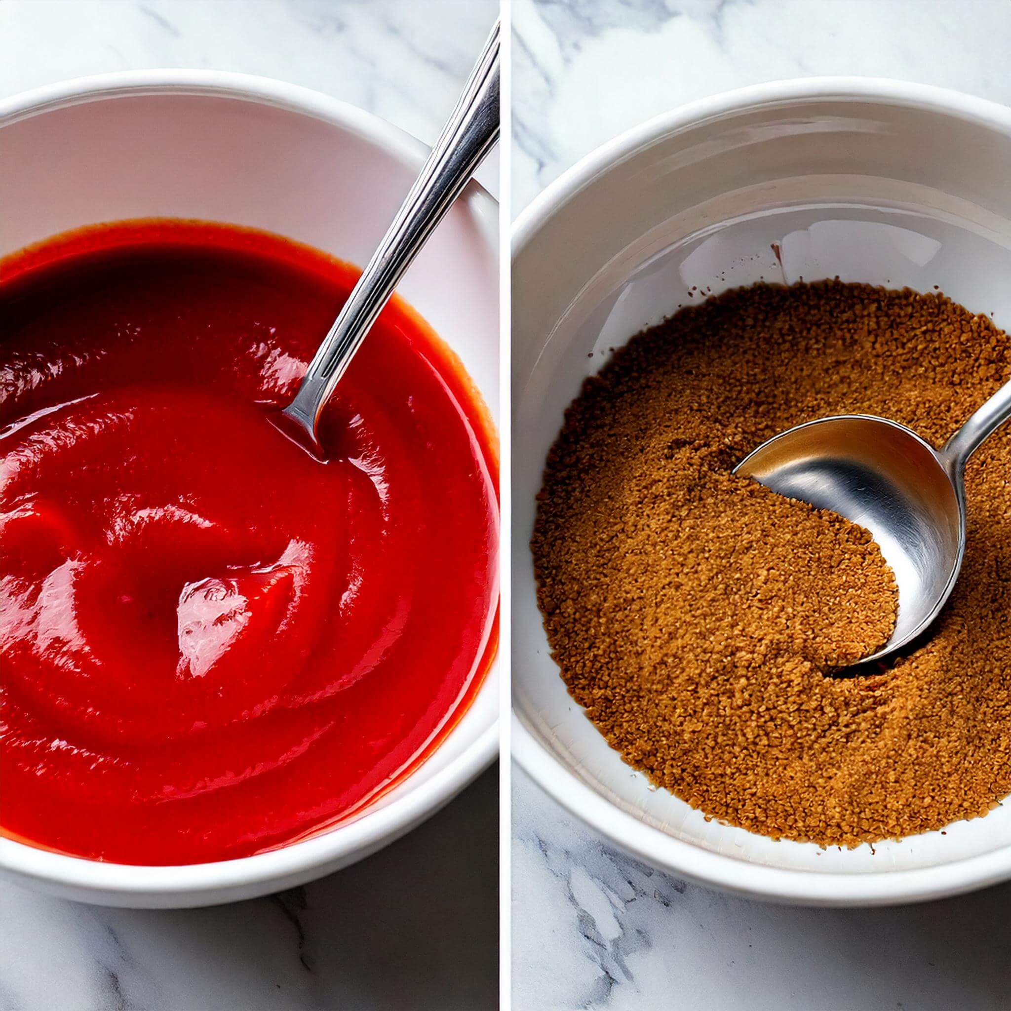 A bowl of ketchup and brown sugar ready to be mixed for meatloaf sauce.