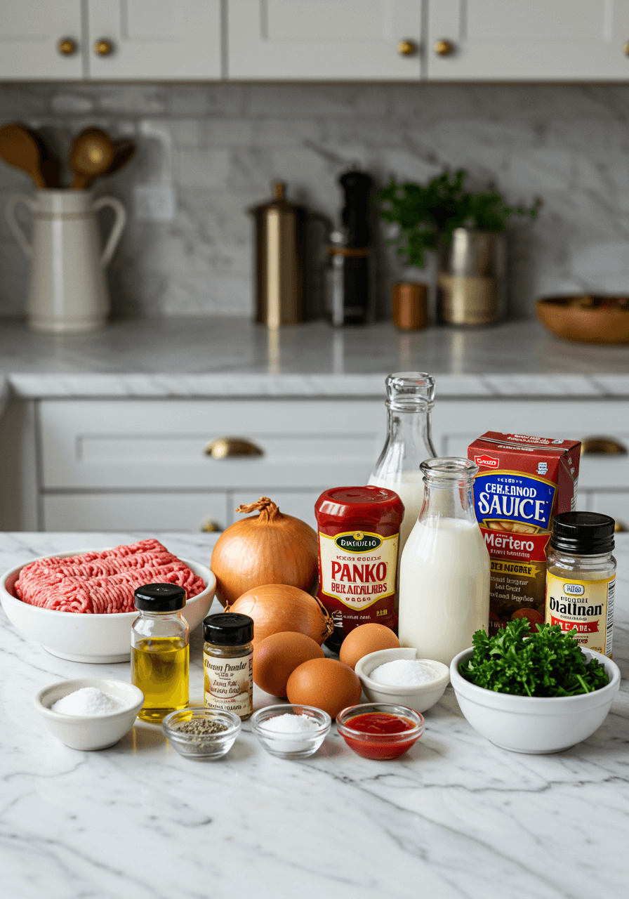 Meatloaf ingredients including ground beef, onions, eggs, breadcrumbs, and more, displayed on a modern white marble kitchen counter.