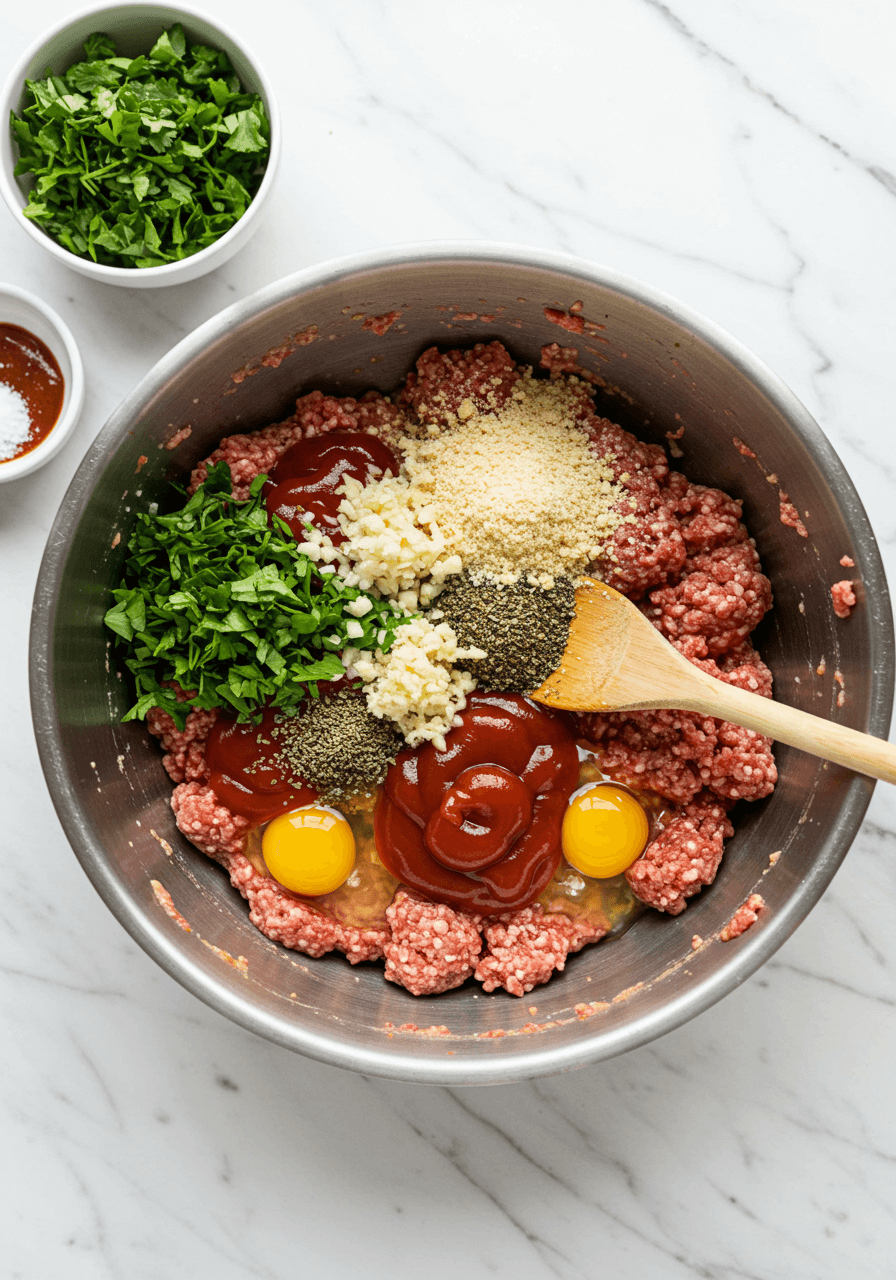 Mixing ground beef, onions, garlic, and spices for the meatloaf mixture in a large bowl on a marble kitchen counter.