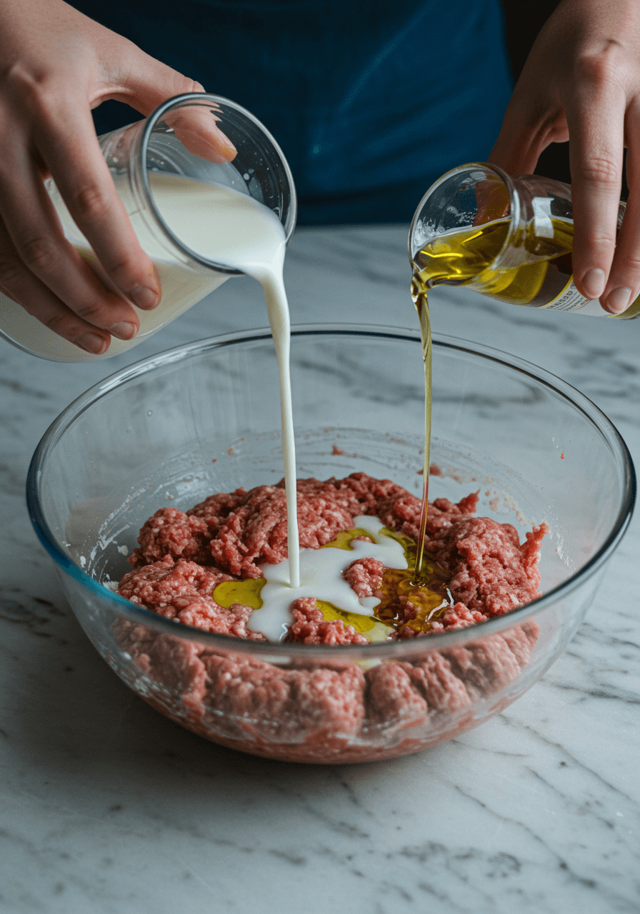 Pouring milk and drizzling olive oil into the meatloaf mixture in a large bowl on a marble countertop.