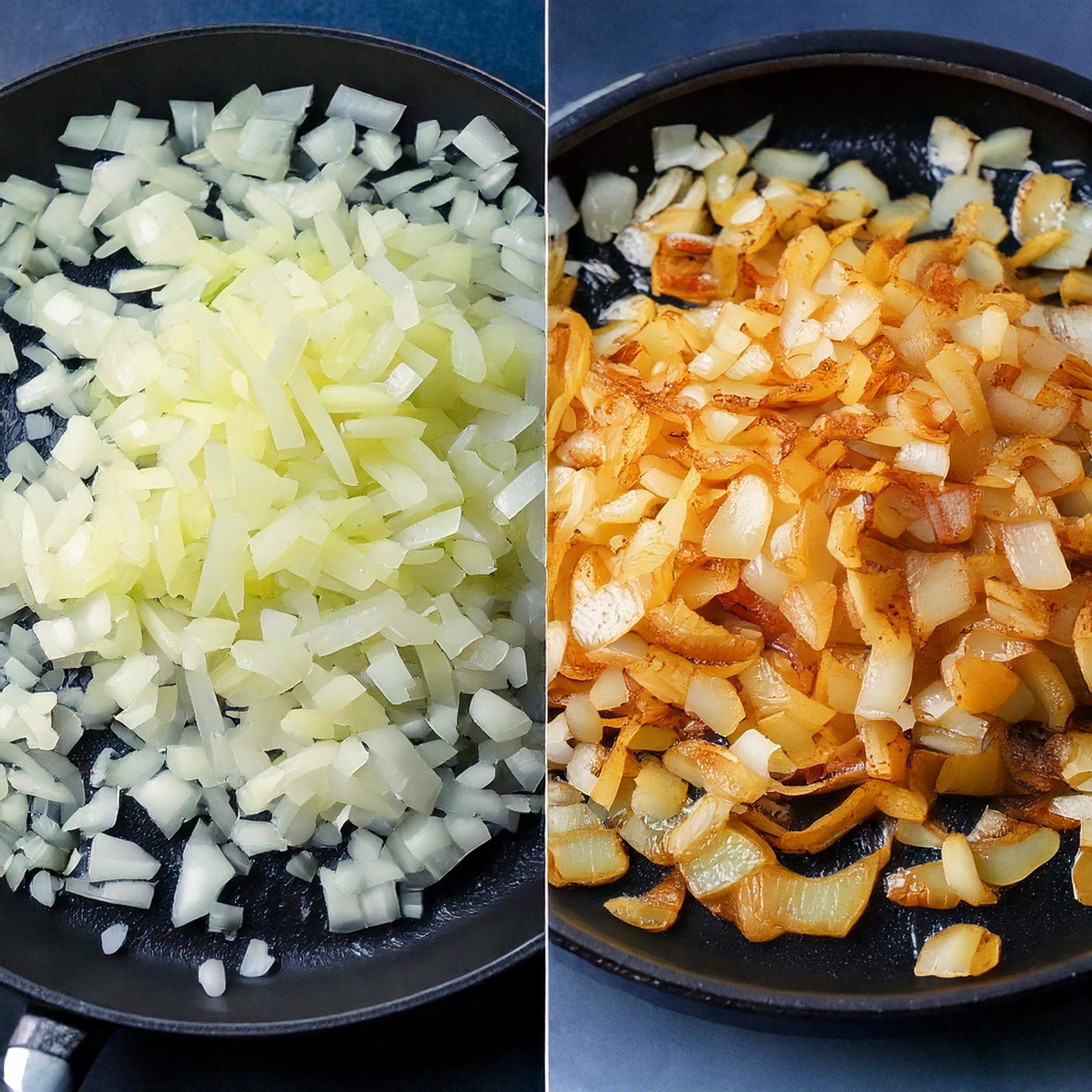 Chopped onions being sautéed in a pan, showing before and after cooking.