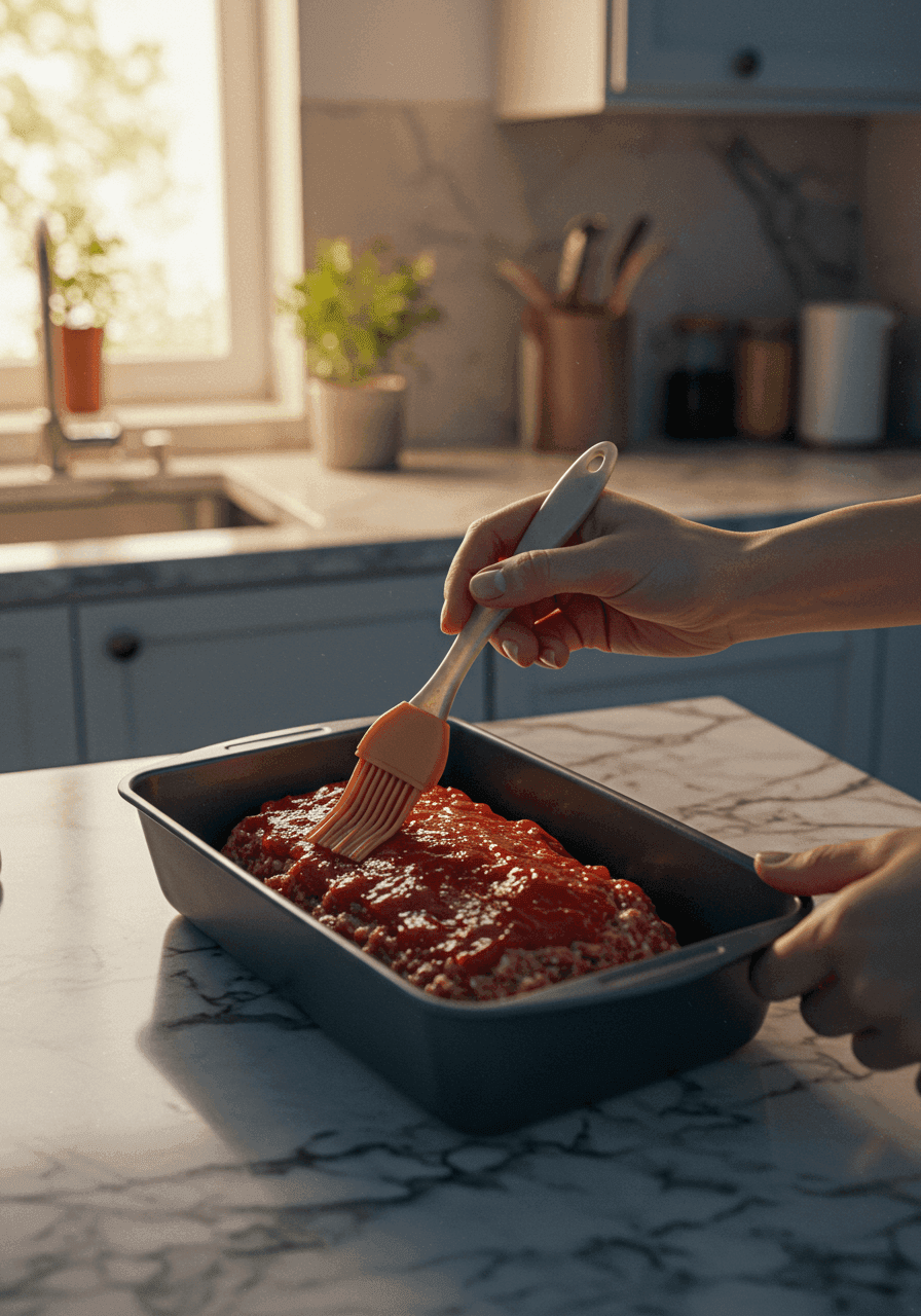 Shaping the meatloaf mixture into a loaf shape in a baking dish on a marble kitchen counter.