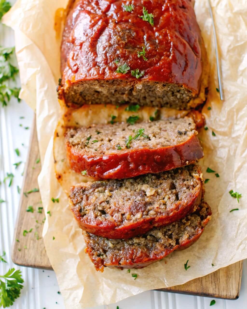 A perfectly cooked and sliced meatloaf garnished with parsley on parchment paper.