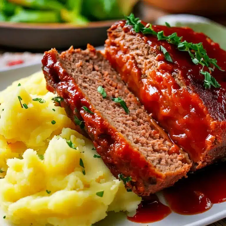 Meatloaf slices served with creamy mashed potatoes and topped with sauce.