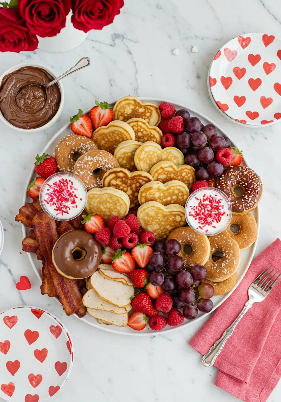 A beautifully arranged Valentine’s Day Breakfast Board with heart-shaped pancakes, fruits, parfaits, and sweet toppings on a marble kitchen counter.