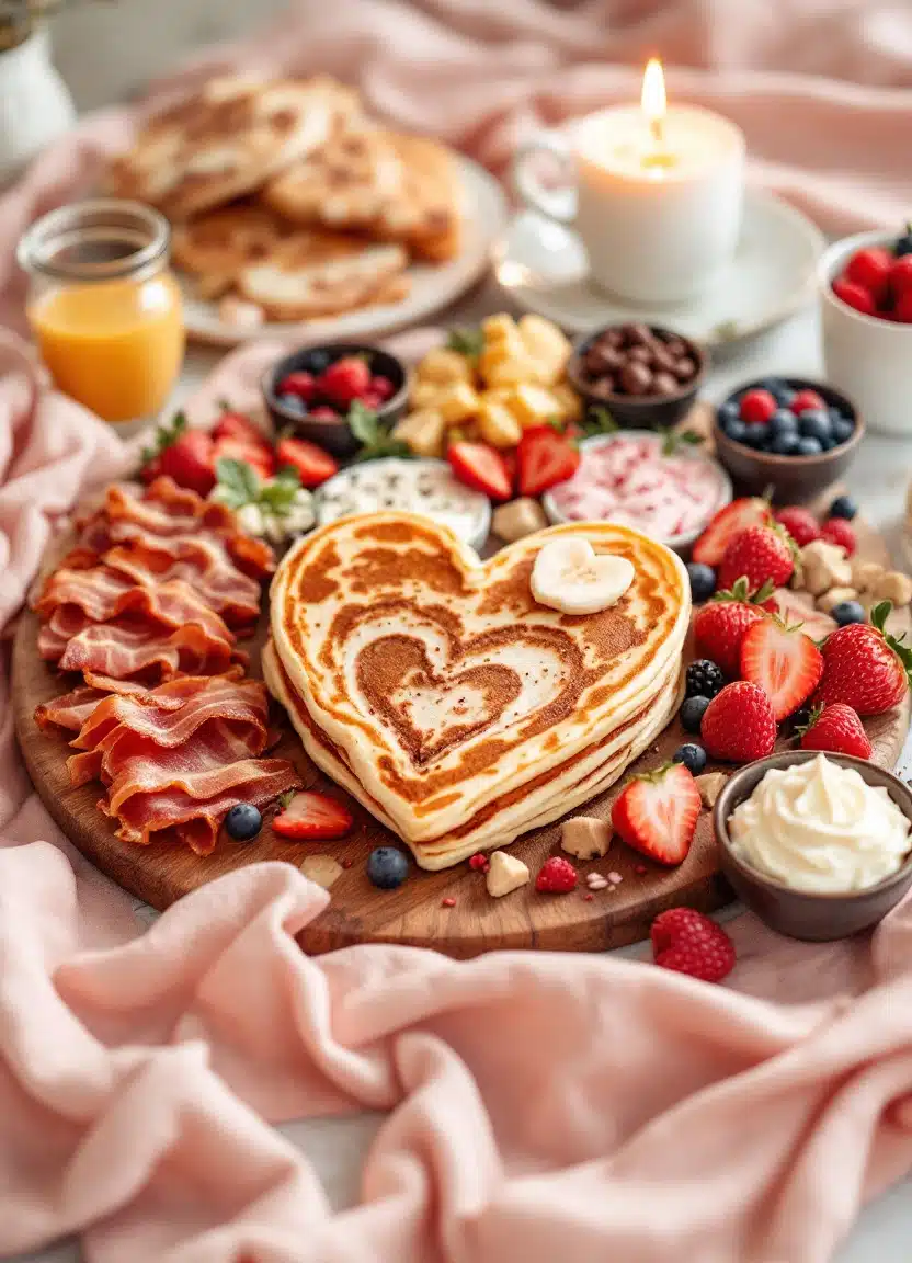 A beautifully arranged Valentine’s Day breakfast board with heart pancakes, bacon, fruits, and yogurt parfaits.