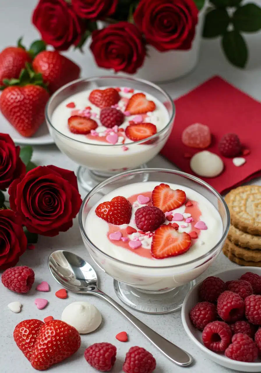 Yogurt, berries, and granola in a glass cup.