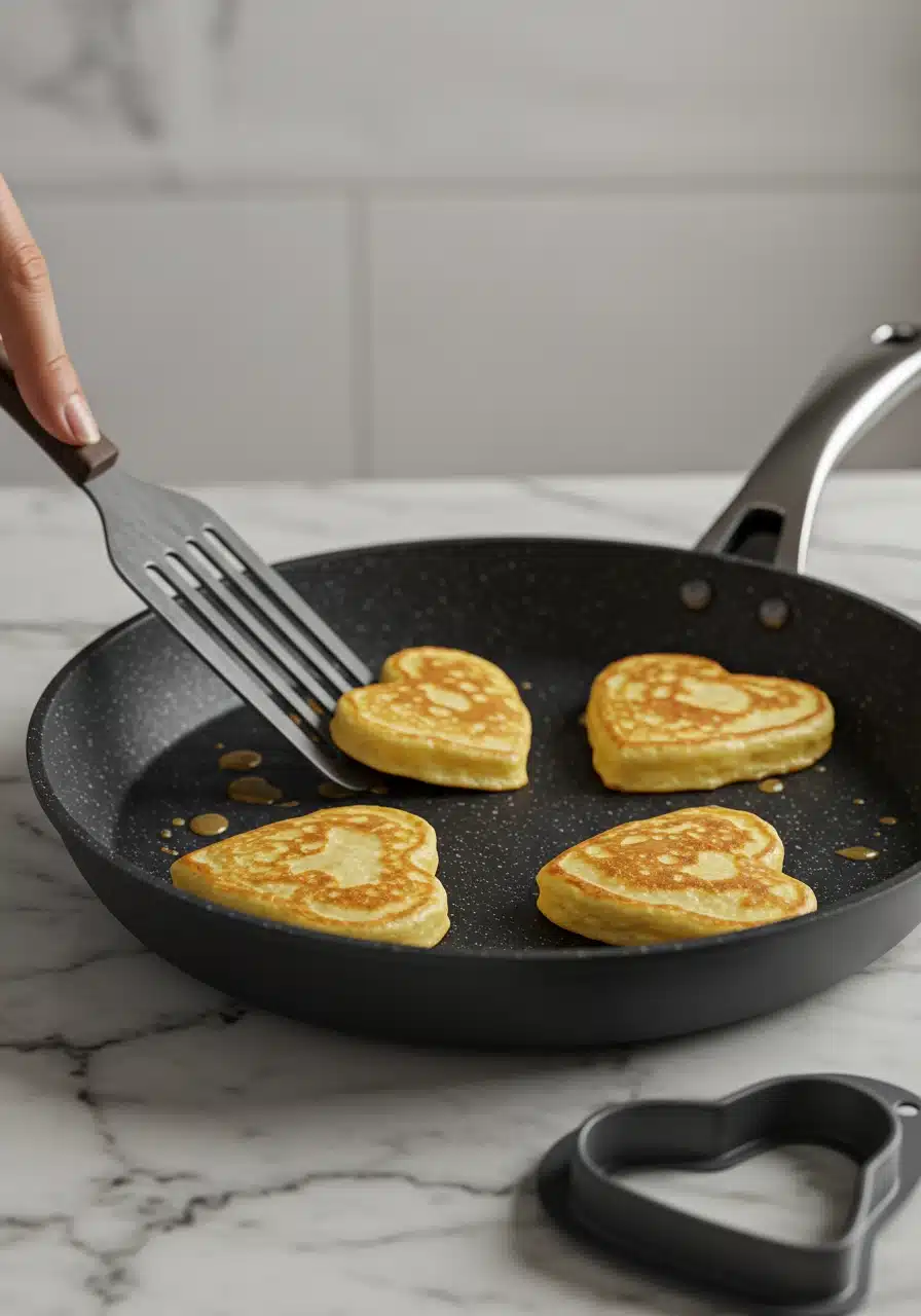 Heart-shaped pancakes being flipped in a skillet, golden brown and fluffy.