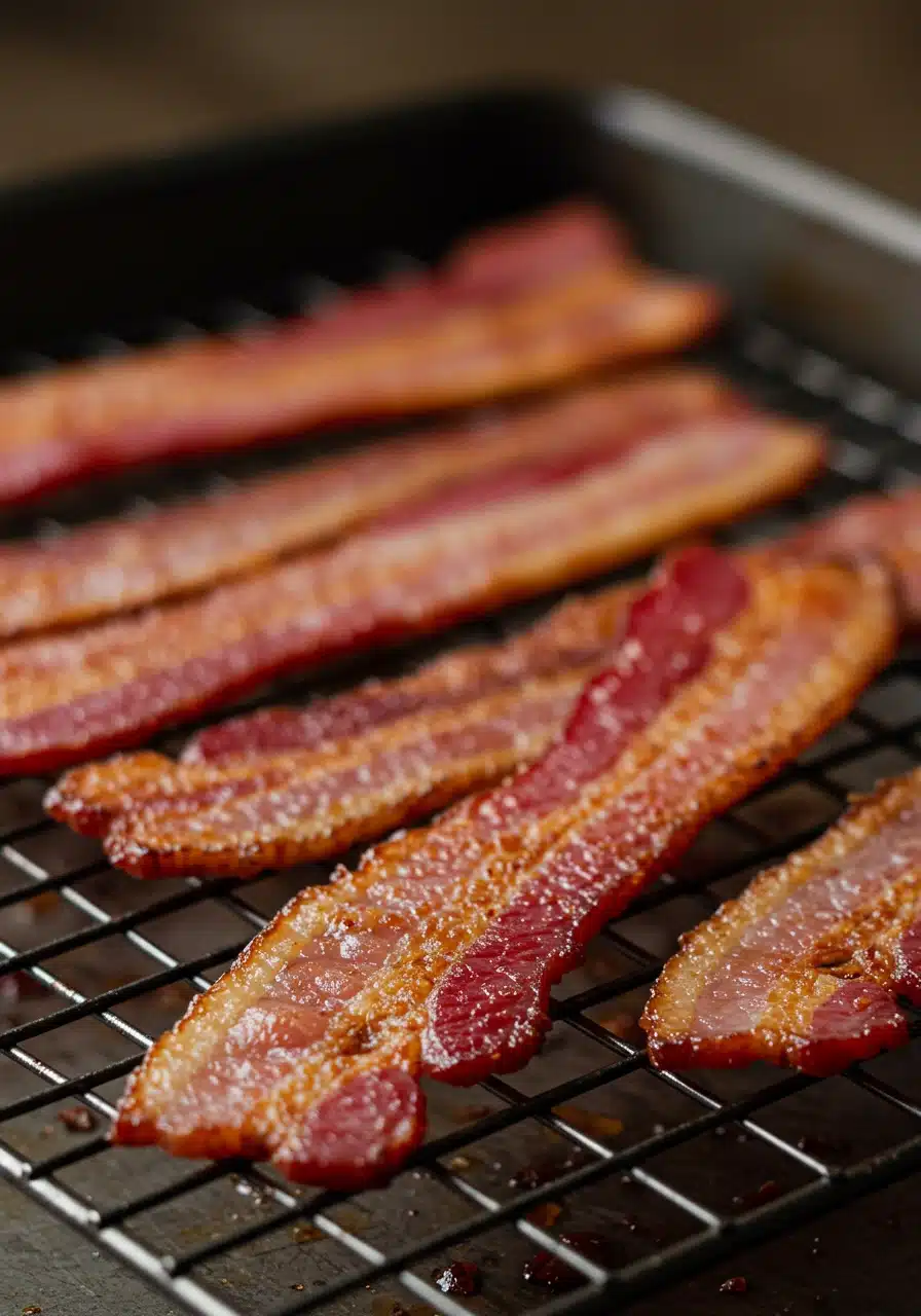 Crispy turkey bacon cooling on a rack after cooking.