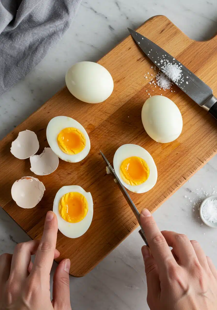 Hard-boiled eggs being peeled and sliced on a wooden board.