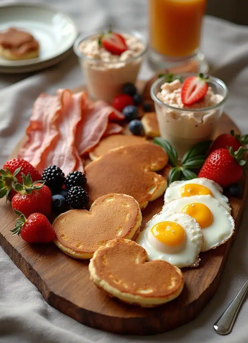 A beautifully arranged Valentine’s Day Breakfast Board on a wooden platter.