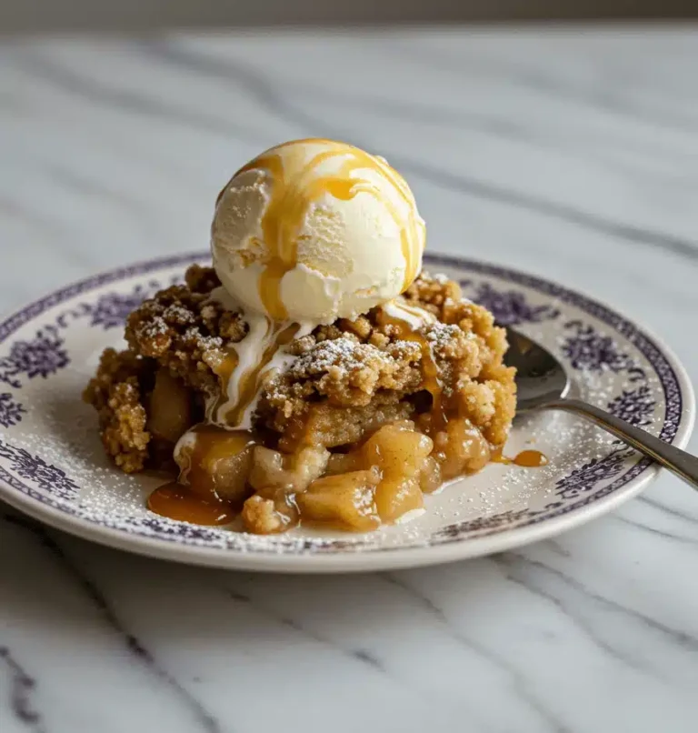 Close-up of apple cobbler with ice cream and caramel.