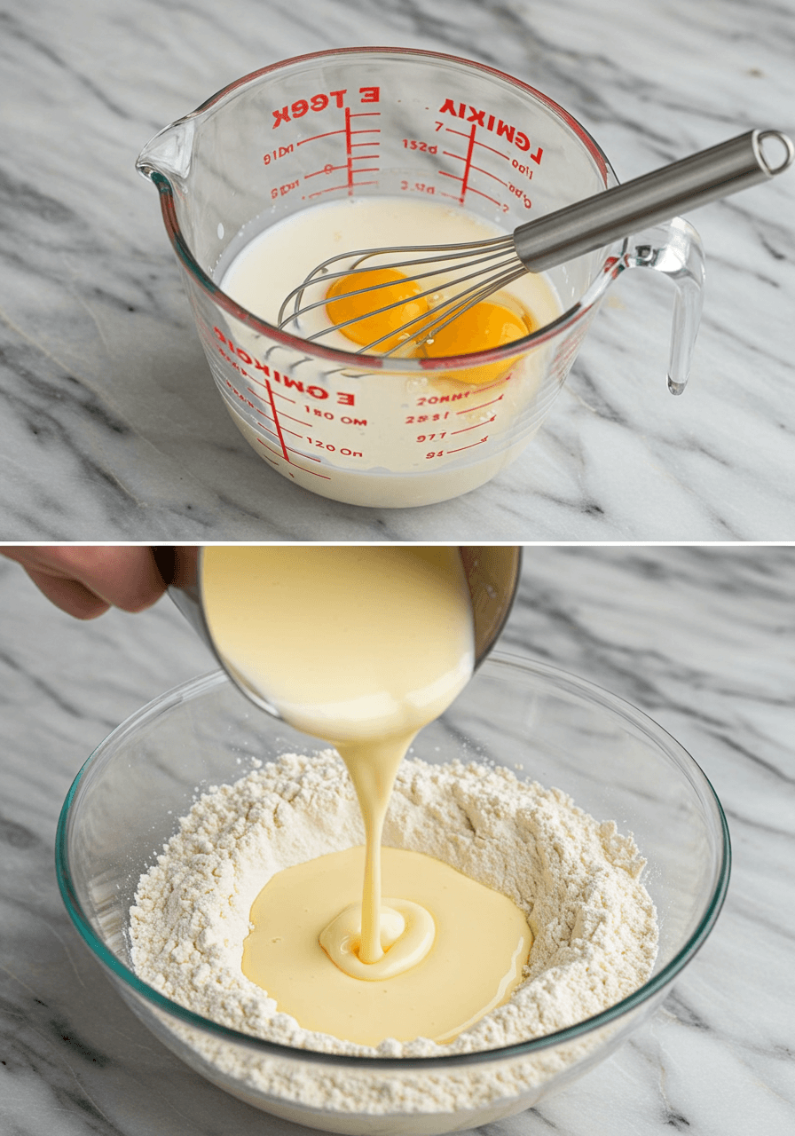 Mixing wet ingredients into flour.