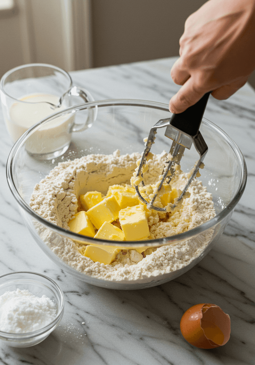 Mixing butter into flour mixture.