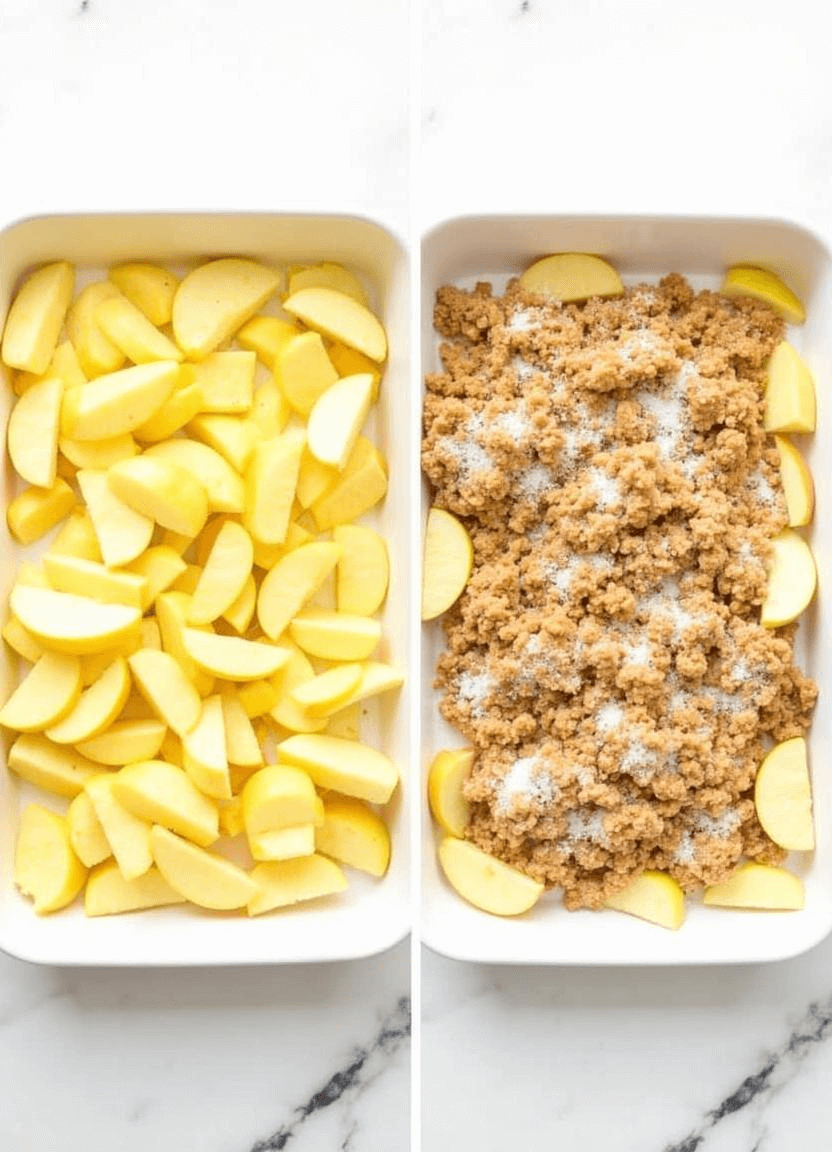 Assembling apple cobbler with streusel.