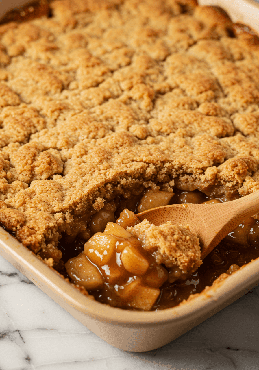 Spoon digging into apple cobbler with caramel sauce.