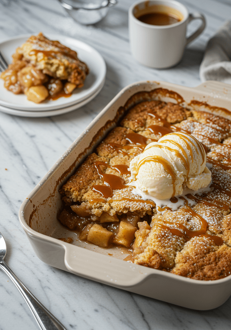 Apple cobbler served with vanilla ice cream and caramel.