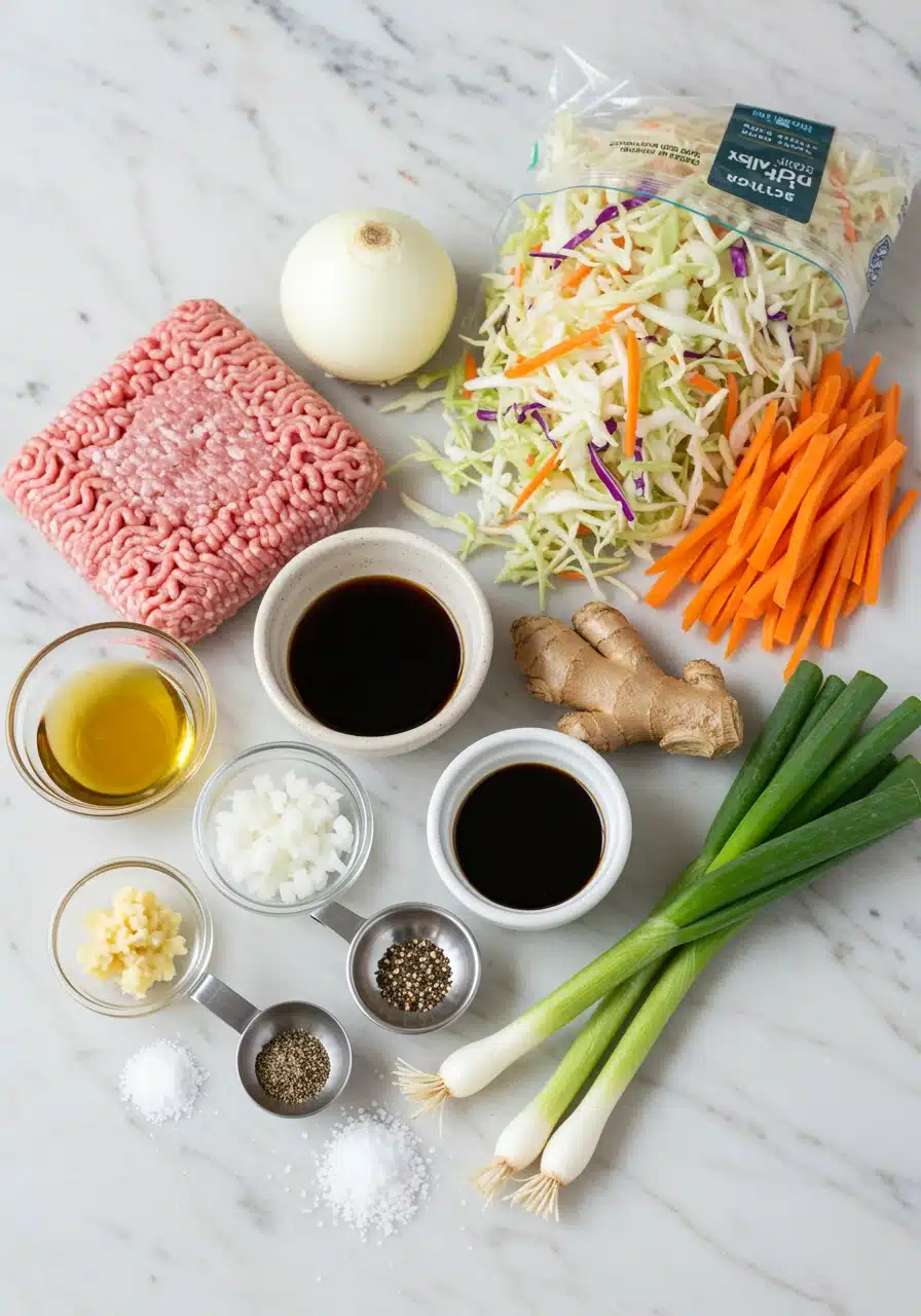 Fresh ingredients for a healthy Asian-inspired dish, including ground turkey, coleslaw mix, soy sauce, and aromatic spices, displayed on a white marble counter.