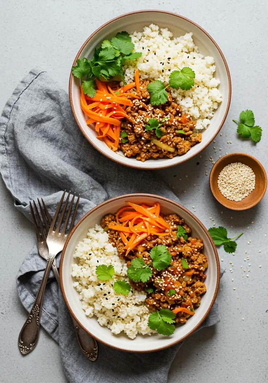 A bowl of egg roll in a bowl with seasoned ground meat, cauliflower rice, shredded carrots, and fresh cilantro, garnished with sesame seeds