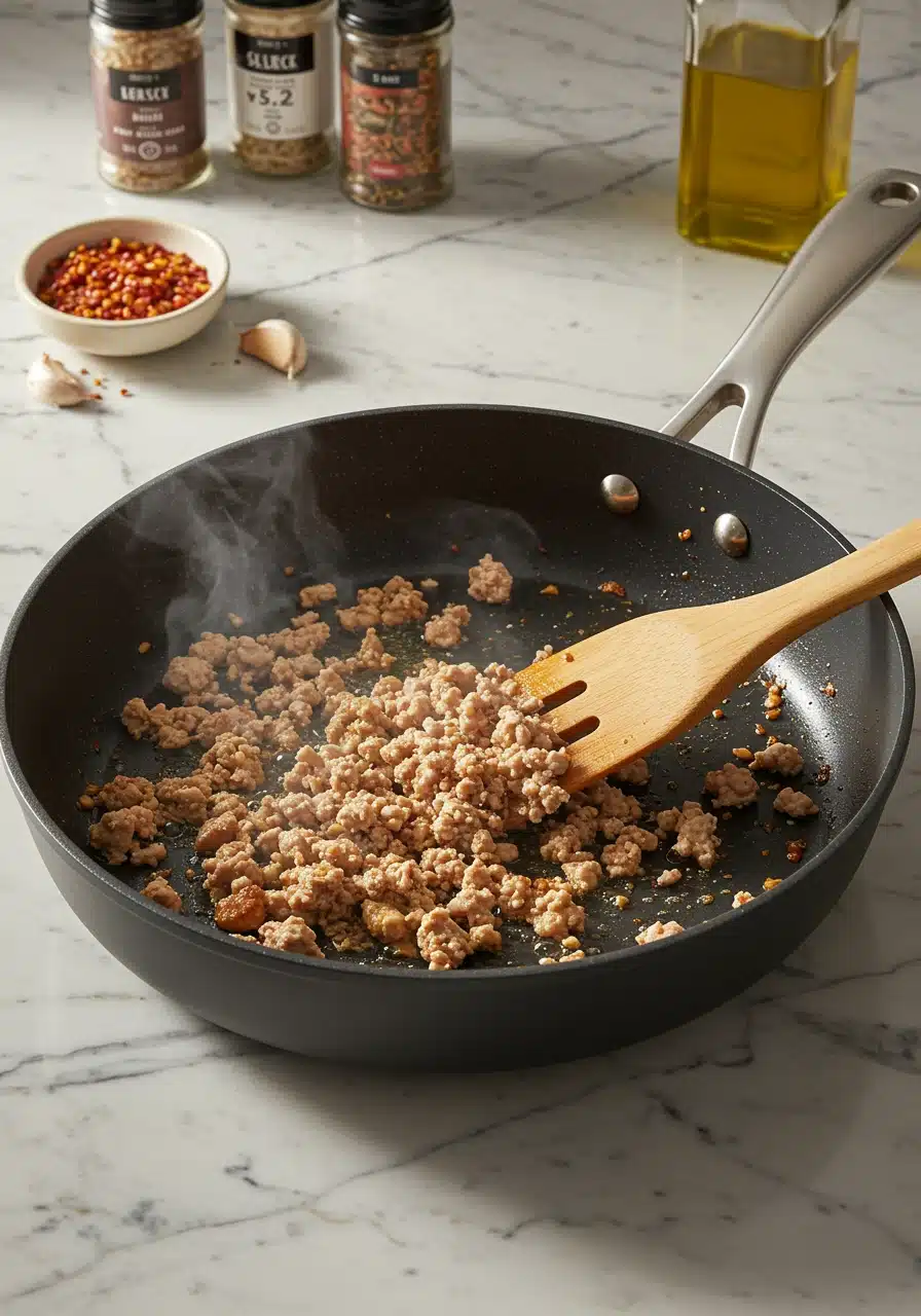 Browning ground turkey in a skillet with steam rising.