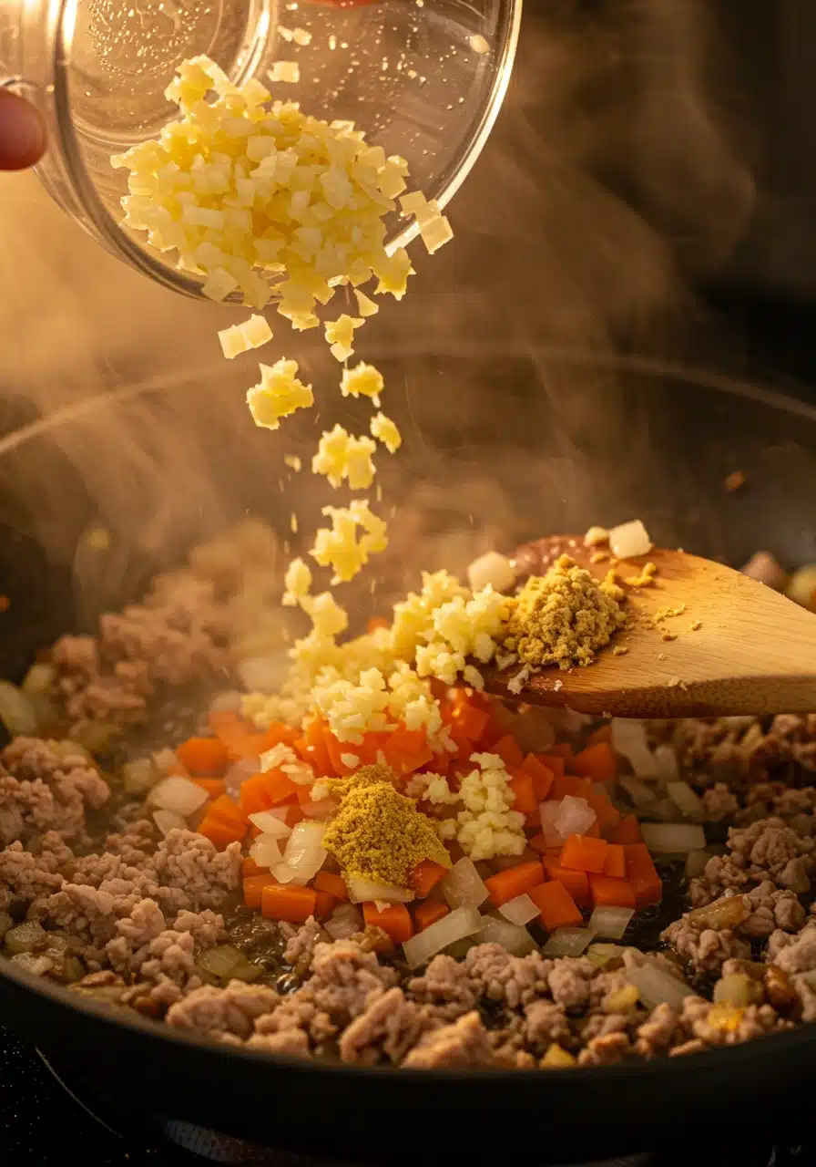 Diced onion, garlic, and ginger added to the skillet.