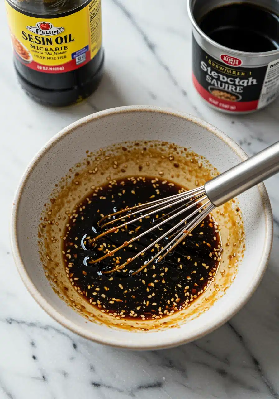 A bowl of soy sauce mixture being whisked.