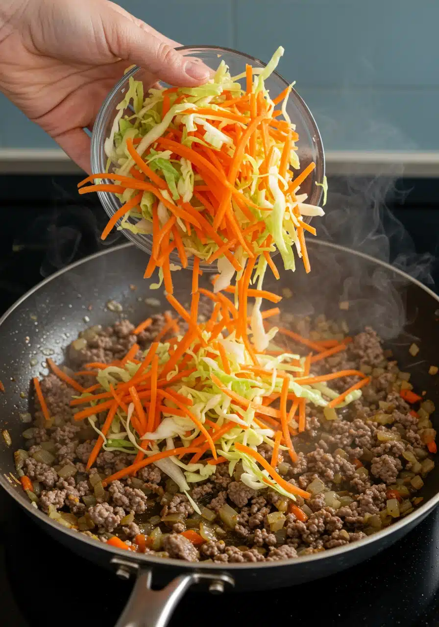 Fresh coleslaw mix and carrots being added to a skillet.