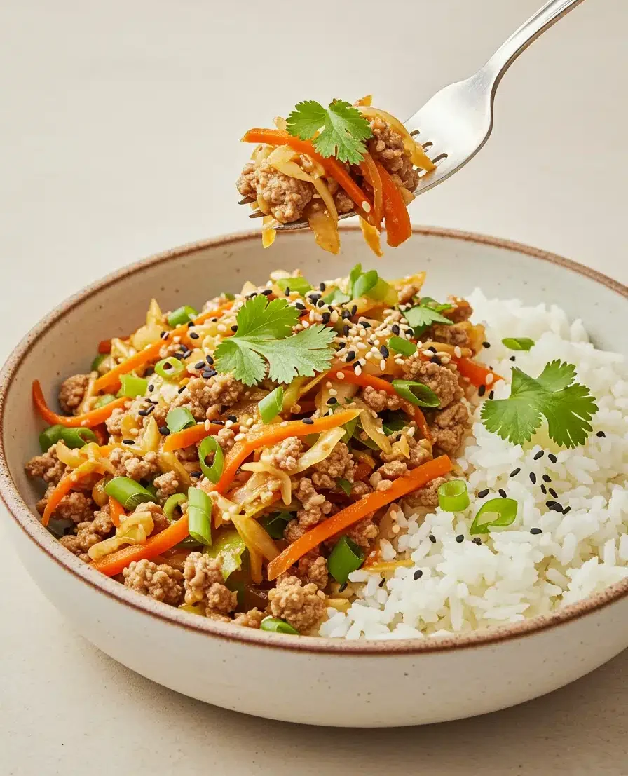 A delicious egg roll in a bowl served with white rice, garnished with cilantro, green onions, and sesame seeds. A fork holds a bite-sized portion of the dish.