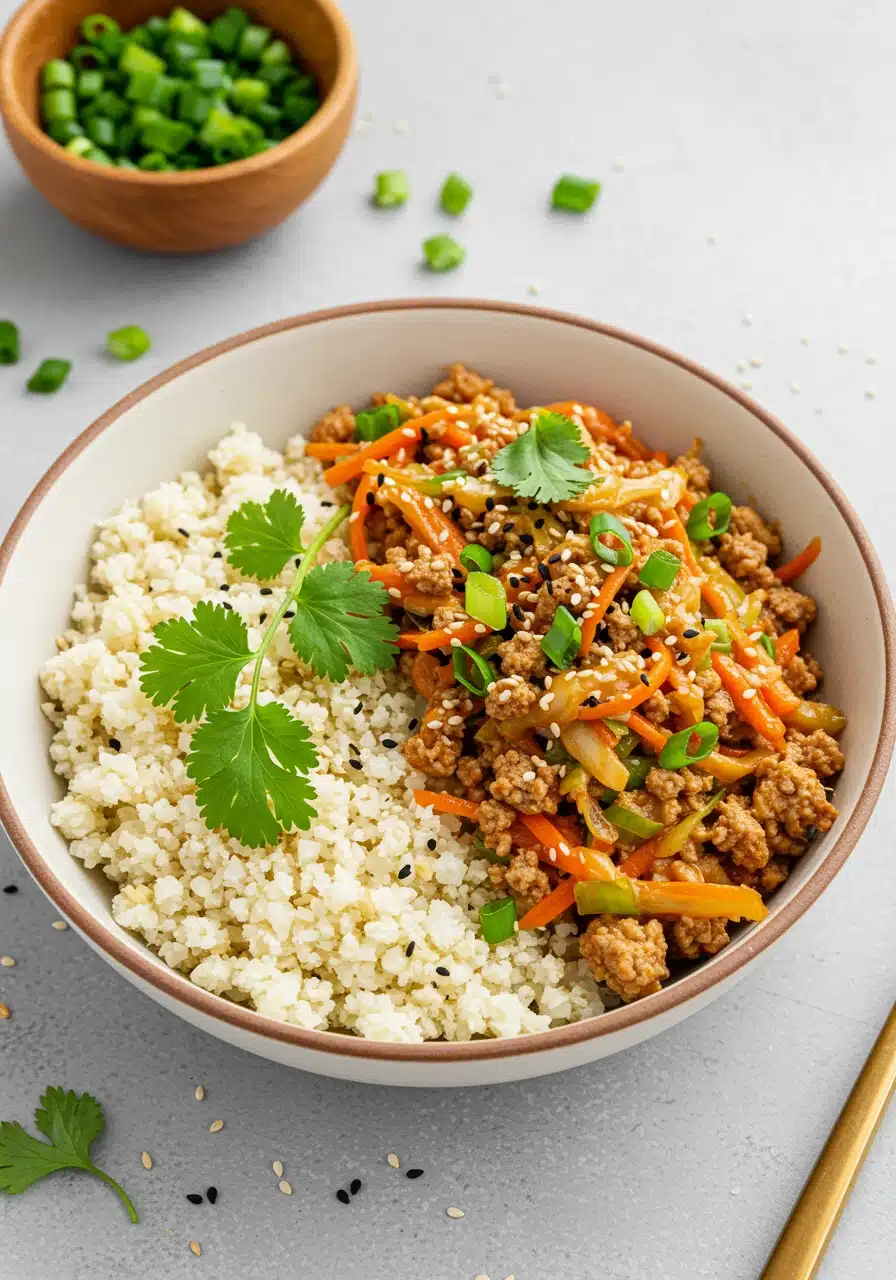 A bowl filled with egg roll in a bowl mixture alongside fluffy cauliflower rice, garnished with fresh cilantro, sesame seeds, and chopped green onions.