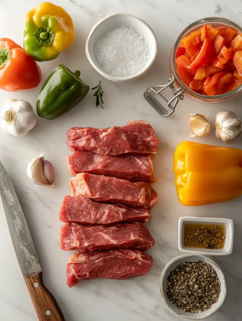 Fresh ingredients for Jamaican Peppered Steak on a white marble counter, including sirloin steak, bell peppers, onions, garlic, scallions, thyme, and spices, arranged for cooking.