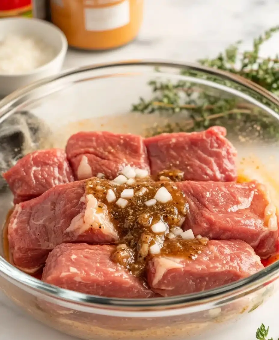 Marinating sirloin steak with beef seasoning, browning sauce, garlic, and thyme for Jamaican Peppered Steak.