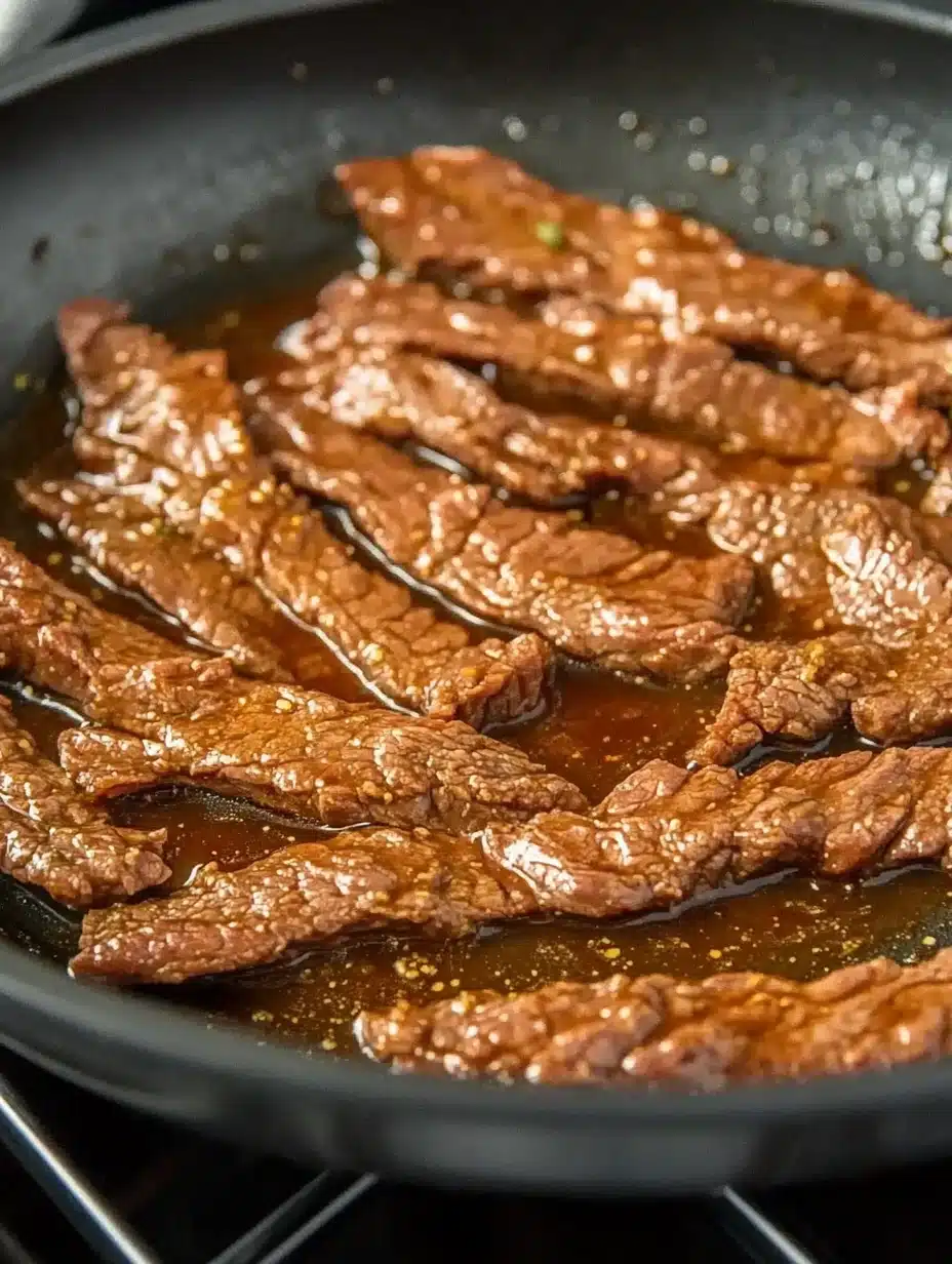 Searing marinated sirloin steak in a hot pan for Jamaican Peppered Steak